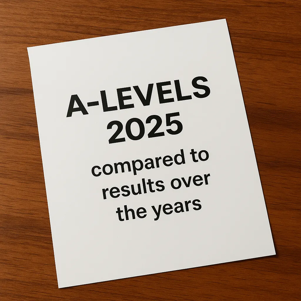 A sheet of paper on a wooden desk with the title "A-Levels 2025" and subtitle "compared to results over the years" printed in bold.