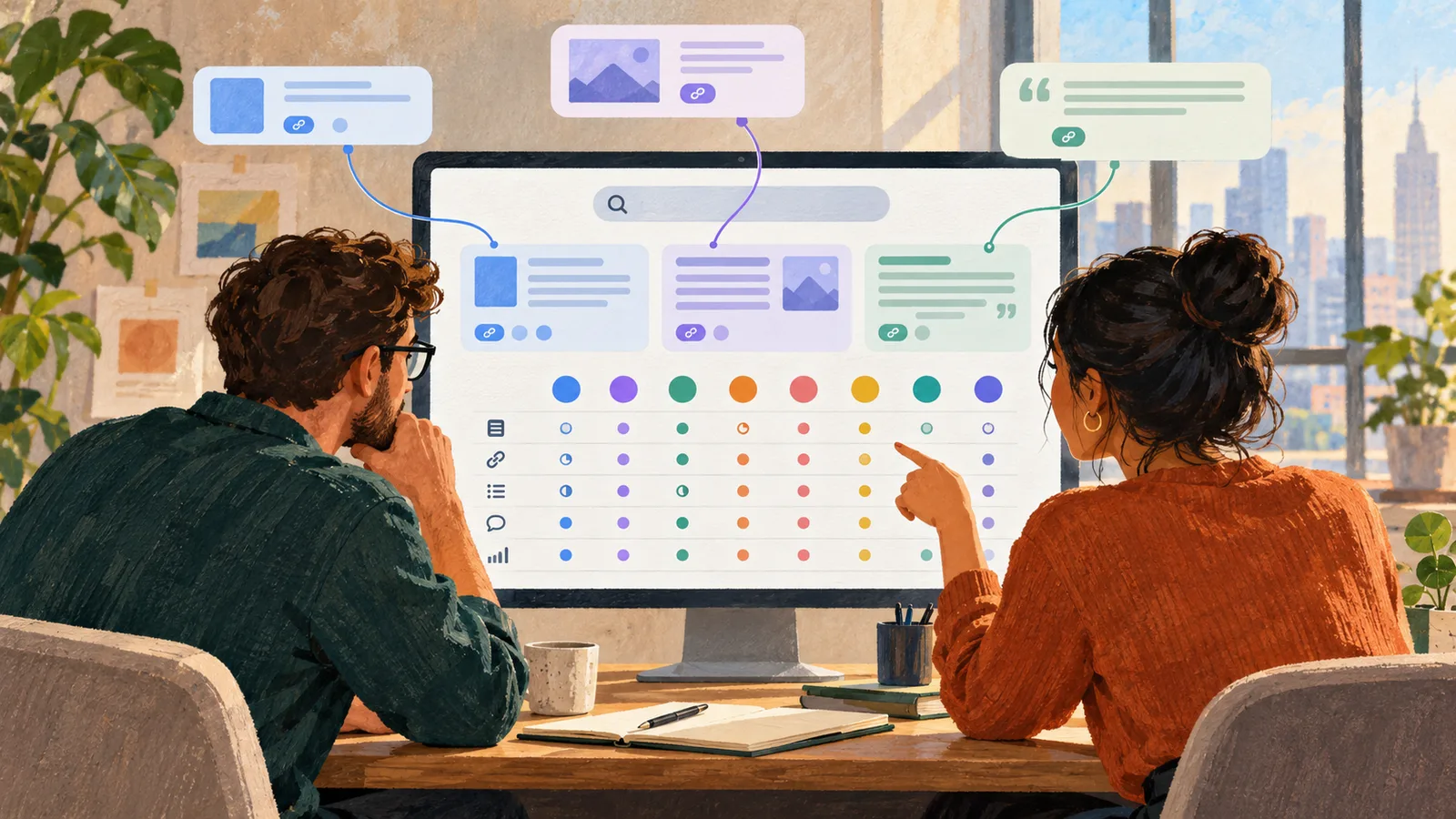 Original conceptual illustration of two marketing colleagues reviewing abstract AI answer cards, citation links and a comparison dashboard