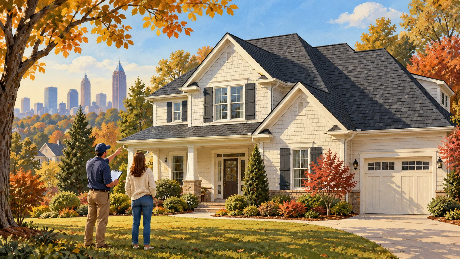 Original conceptual illustration of a homeowner and contractor viewing a shingle-roofed house in an autumn Atlanta-area neighbourhood