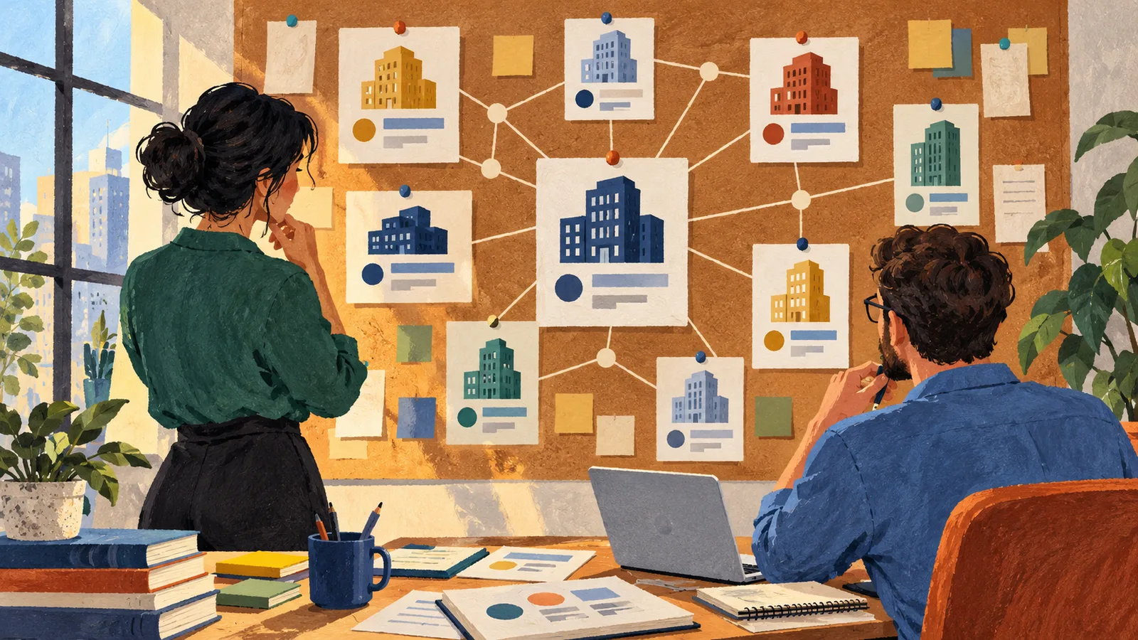 Original conceptual illustration of two researchers examining connected company profile cards and office-building silhouettes on a pinboard