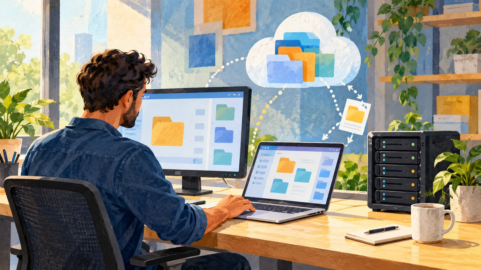 Original conceptual illustration of an IT administrator reviewing laptop and desktop files beside cloud folders and a compact server