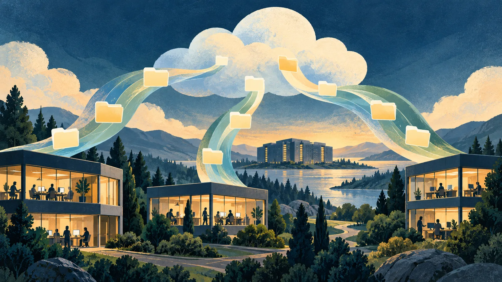 Original illustration of office buildings sharing blank folders through flowing paths beneath a cloud canopy