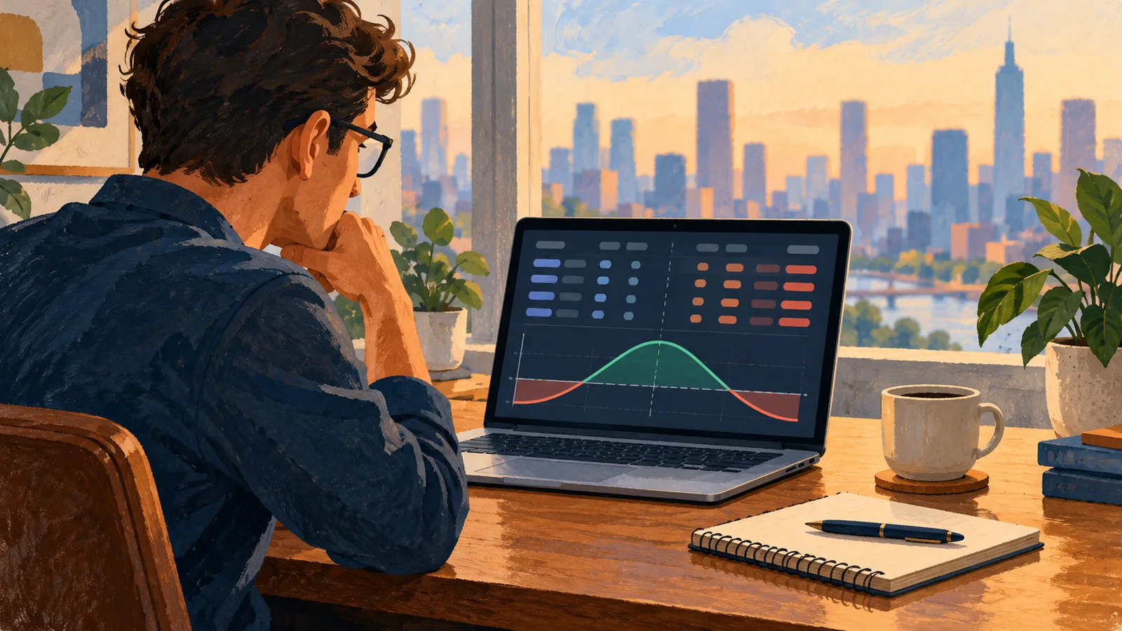 Original conceptual illustration of a person reviewing abstract options-chain rows and a risk diagram on an unbranded laptop