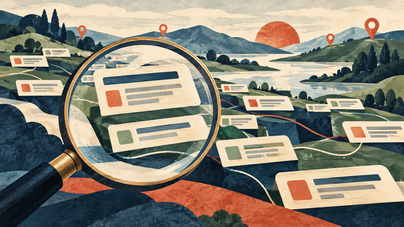 Original illustration of a magnifying glass examining blank search-result cards across a landscape with location pins