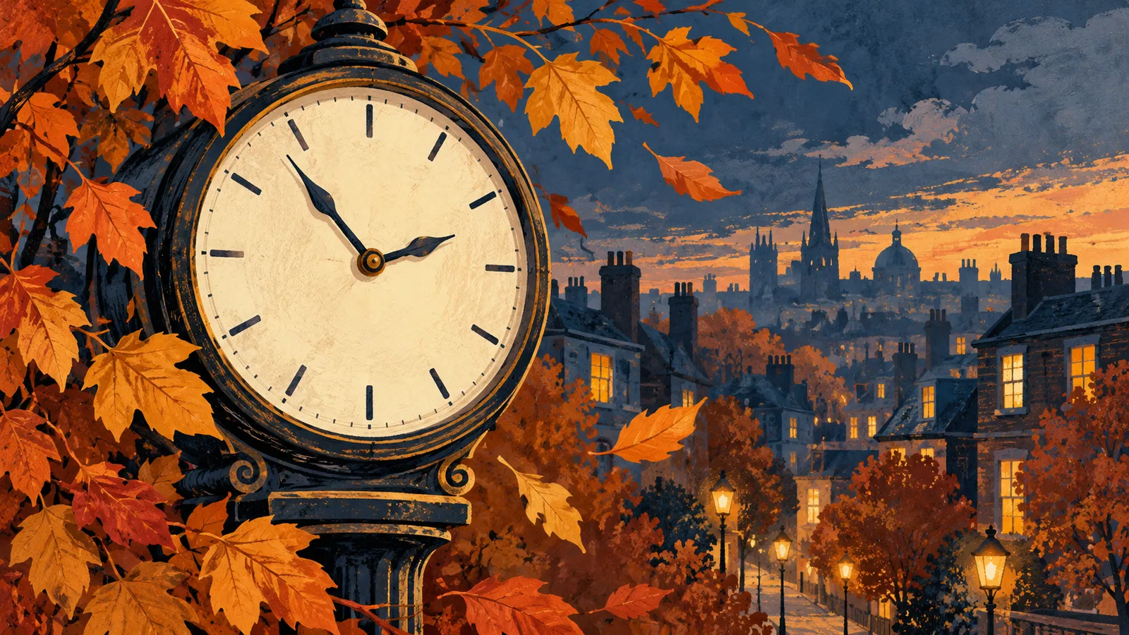 Original illustration of an analogue clock, golden autumn leaves and a British street at dusk