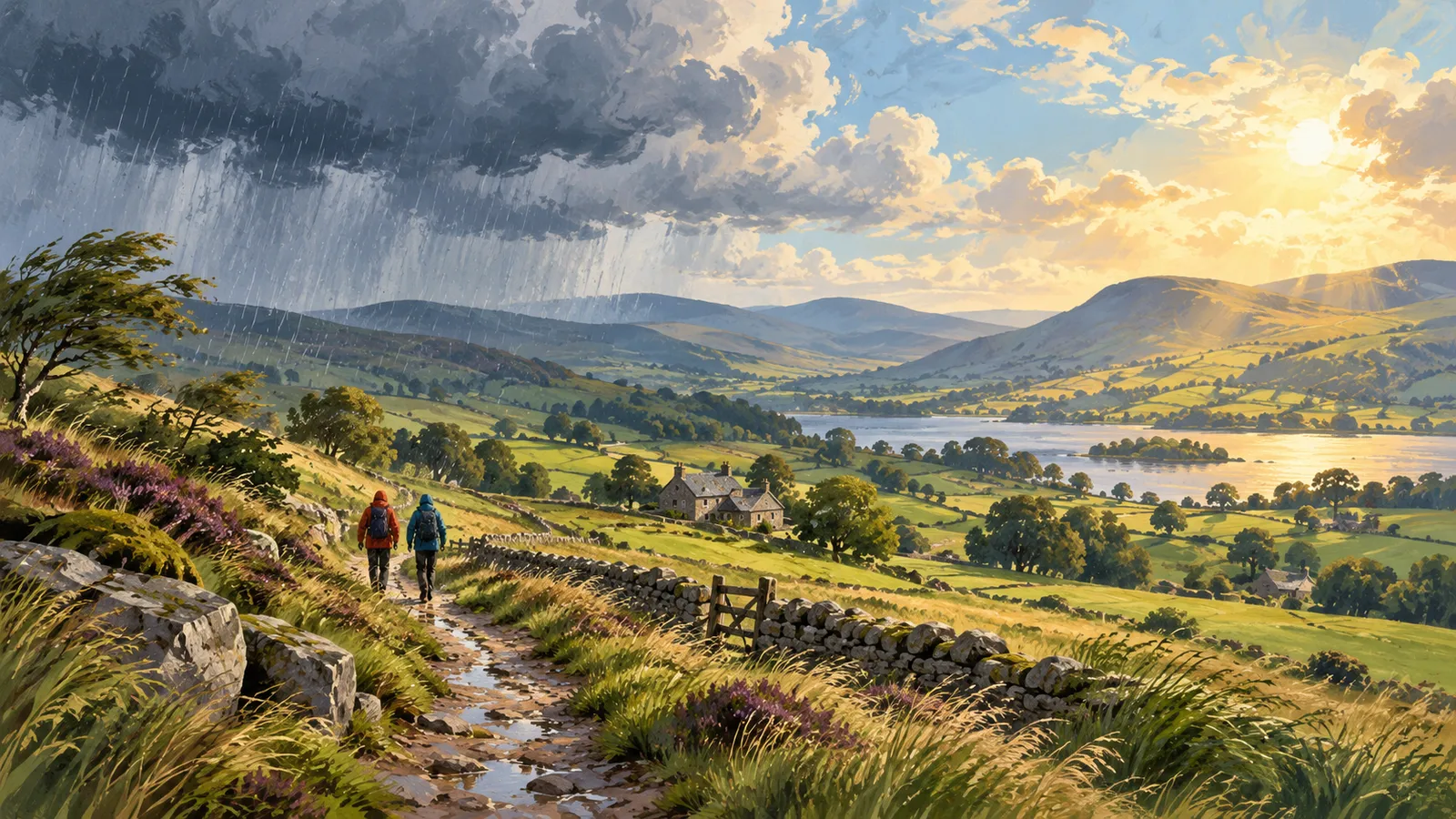 Original illustration of walkers on a British hillside beneath rain clouds and breaking sunshine
