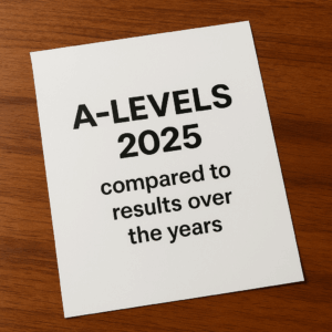 A sheet of paper on a wooden desk with the title "A-Levels 2025" and subtitle "compared to results over the years" printed in bold.