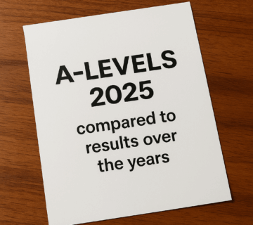 A sheet of paper on a wooden desk with the title "A-Levels 2025" and subtitle "compared to results over the years" printed in bold.
