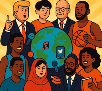 Symbolic illustration of the most influential people in the world from diverse fields around a glowing Earth