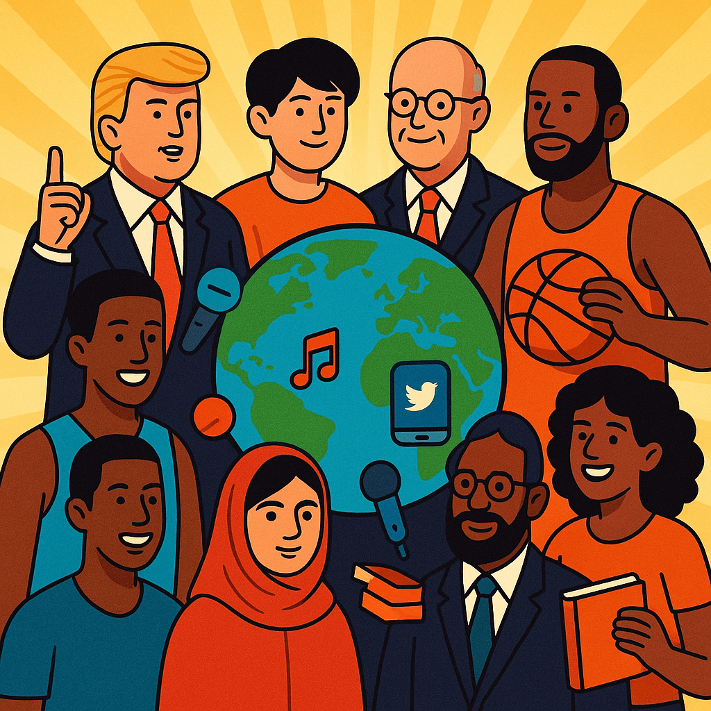 Symbolic illustration of the most influential people in the world from diverse fields around a glowing Earth